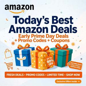 Today's Best Amazon Deals graphic - Early Prime Day Deals plus Promo Codes plus Coupons with gift boxes and Up to 80 percent off tag