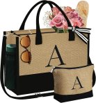 Personalized Gifts for Women, Initial Jute Tote Bag & Makeup Bag